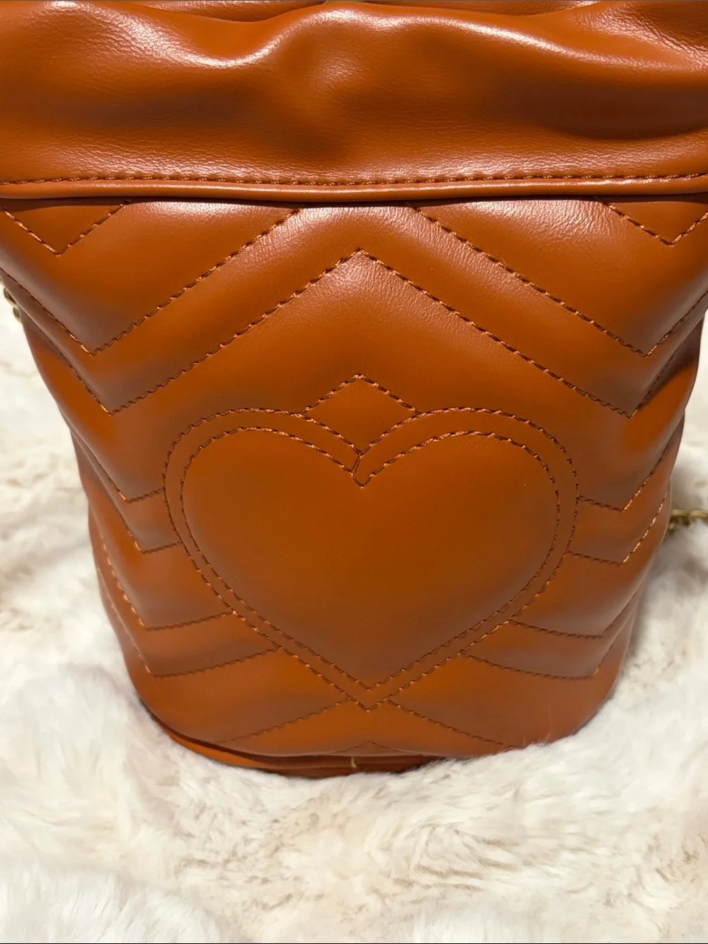 Designer-Inspired Brown Quilted Chevron Bucket Crossbody with Gold Chain